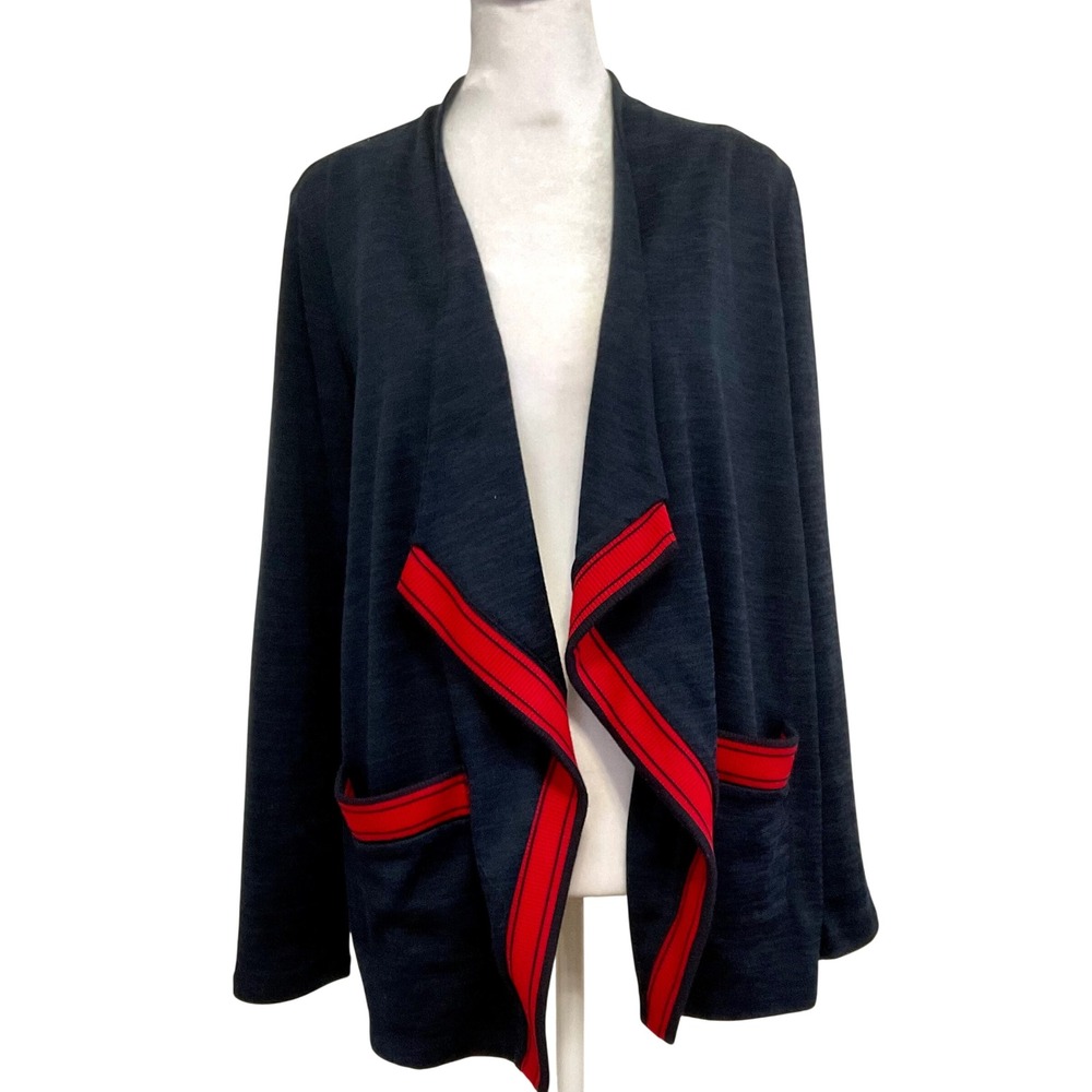 T by Talbots navy blue‎ red cardigan knit open front jacket ruffle women's Small